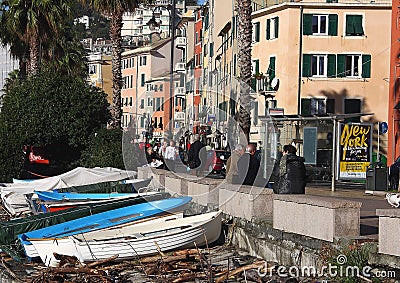 The fishing boats on the beach of Genoa Pegli Editorial Stock Photo