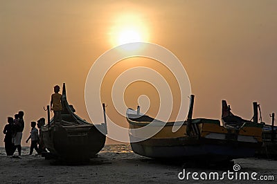 Fishing boats on the Beach, Kovalam, India Editorial Stock Photo