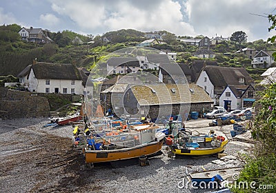 Fishing boats at Cadgwith Cove, Cornwall, England Stock Photo