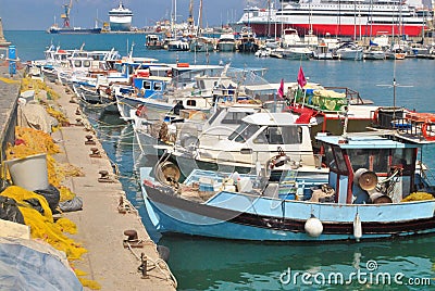 Fishing boats and fishing net in port Stock Photo