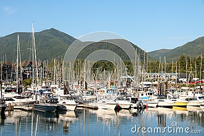 Fishing boats in the harbour on a sunny day at Ucluelet, British Columbia Editorial Stock Photo