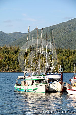 Fishing boats in the harbour on a sunny day at Ucluelet, British Columbia Editorial Stock Photo