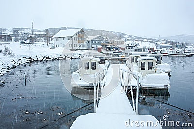 Fishing Boats Moored During Winter Stock Photo