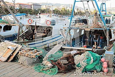 Fishing boats and nets Editorial Stock Photo