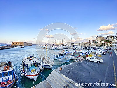 Fishing boats at old venetian port of Heraklion, Greece Editorial Stock Photo