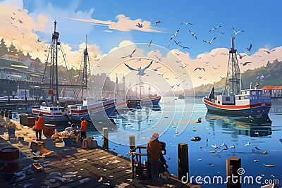 Fishing boats at the pier in the port. Digital painting. A busy fishing dock with seagulls, boats and fishermen at work, AI Stock Photo