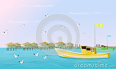 Fishing boats are sailing in the sea With seagulls flying There is a fishing village in the background Vector Illustration