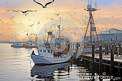 Fishing boats and seagulls in the harbor at sunset, A busy fishing dock with seagulls, boats and fishermen at work, AI Generated Stock Photo