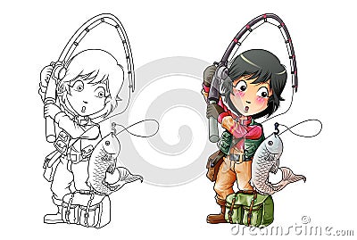 Fishing cartoon coloring page Vector Illustration