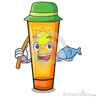 Fishing cartoon sun cream in bag makeup Vector Illustration