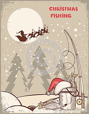 Fishing in Christmas night.Vintage winter image wi Vector Illustration