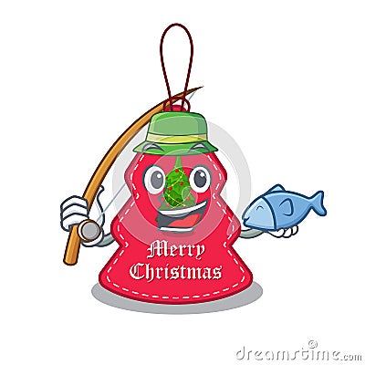 Fishing Christmas tag hanging of character door Vector Illustration