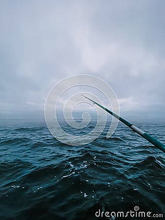 Fishing concept: spinning rod thrown into the river. Stock Photo