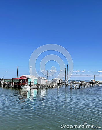 Fishing and Crabbing Shacks in an Old Harbor Stock Photo