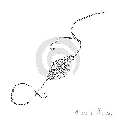 Fishing feeder spring bottom vector illustration. Hook angler tackle. Metal lure feeding. Bait minnow line drawing. Ink Vector Illustration