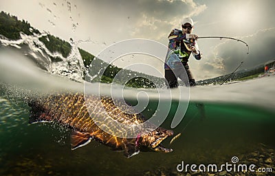 Fishing. Fisherman and trout Stock Photo