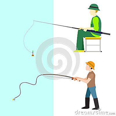 Fishing fishermen vector catches fish fisher threw rod into water catch and spin, man pulls net out of the river Vector Illustration