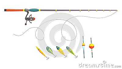 Fishing. Fishing equipment. Outdoor vacation. Isolated fishery hobby. Fish tackle and hook, rod and float, lure and bait Vector Illustration