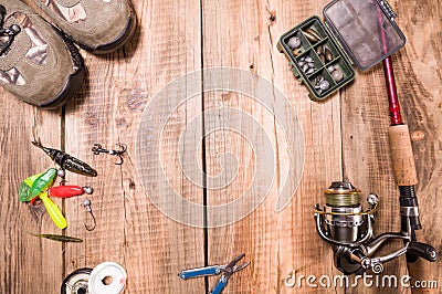 Fishing gear collection. Fishing gear preparation. Flat lay Stock Photo