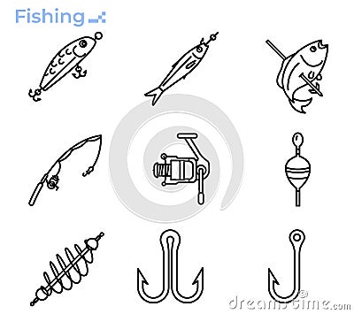 Fishing gear outline icon set. Stock Photo