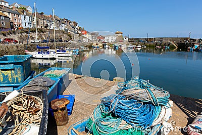 Fishing gear in Mevagissey harbour Cornwall England Editorial Stock Photo