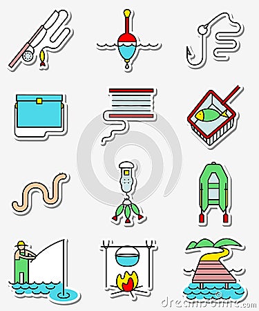 Fishing hobby icons set in line art thin and simply colorful sty Vector Illustration