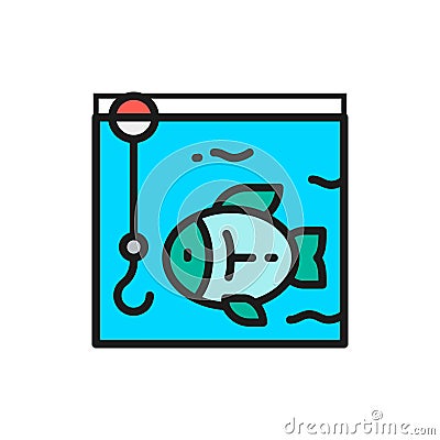 Fishing, hook with fish underwater flat color line icon. Vector Illustration
