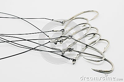 Fishing hook link ready made, tied on the steel cable. Stock Photo