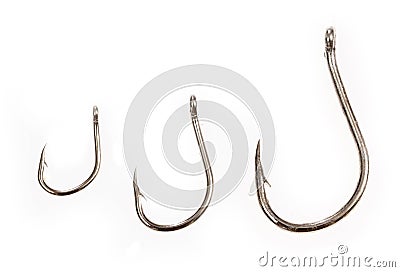 Fishing hooks set. Sharp, treble and worm type, gear for tourism and hobby, device for catching fish. Vector illustration isolated Cartoon Illustration