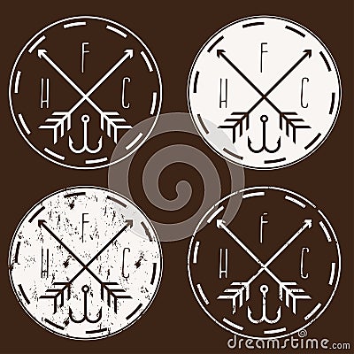 Fishing and hunting club vintage labels set arrows and hook Vector Illustration