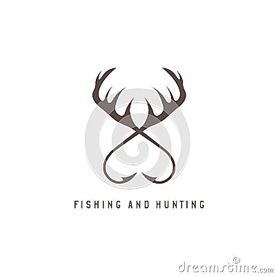 Fishing and hunting illustration with deer horns and fishing Vector Illustration