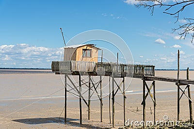 Fishing hut on stilts called Carrelet, Gironde estuary, France Stock Photo