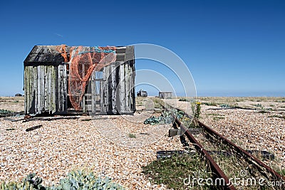 Fishing hut wreck ruin dungeness coast Stock Photo