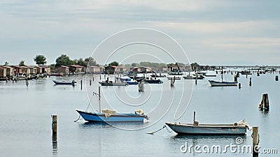 Fishing huts and boats in the Delta del Po, Italy Editorial Stock Photo