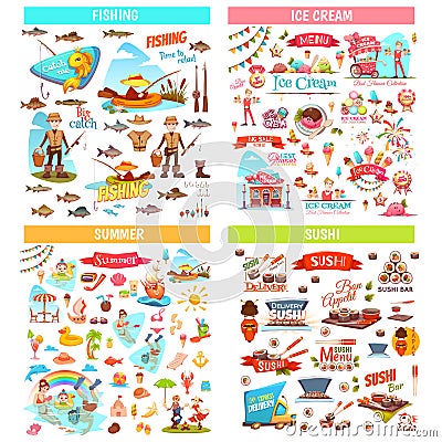 Fishing ice cream summer and sushi items Vector Illustration