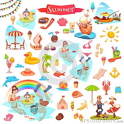 Fishing ice cream summer and sushi items Vector Illustration