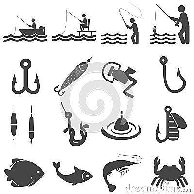 Fishing icons in single color Vector Illustration