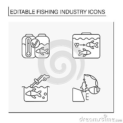 Fishing industry line icons set Vector Illustration