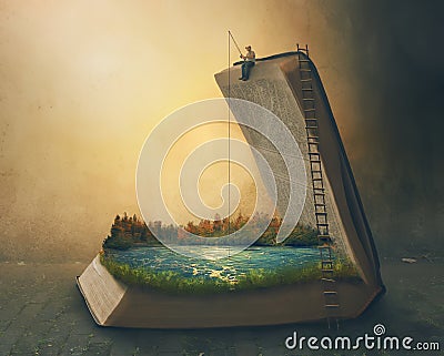 Fishing inside a book Stock Photo