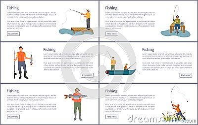 Fishing Isolated on White Set of Colorful Banners Vector Illustration