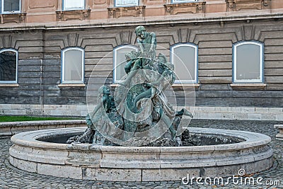 Fishing kids fountain on territory of Buda catle, Budapest Stock Photo