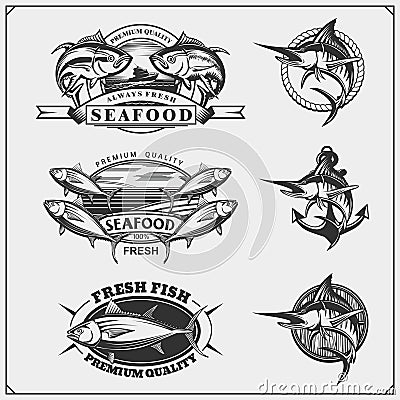 Fishing labels, badges, emblems and design elements. Illustrations of Tuna and Marlin. Vector Illustration