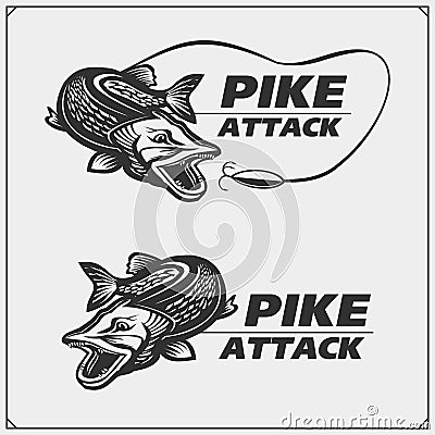Fishing labels and emblems with a pike. Vector Illustration