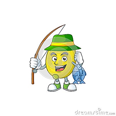 Fishing lemon cartoon character on white background Vector Illustration