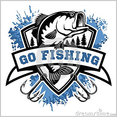 Fishing logo. Bass fish with club emblem. Fishing theme vector illustration. Vector Illustration