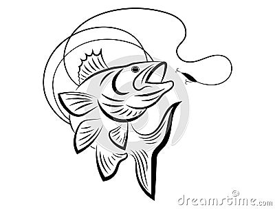 Fishing logo. Black and white illustration of a fish hunting for bait. Predatory fish on the hook. Fishing on the rod Vector Illustration