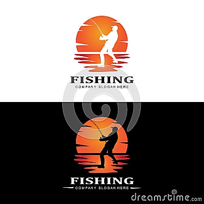 fishing logo icon vector, catch fish on the boat, outdoor sunset silhouette design Vector Illustration