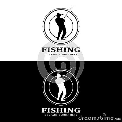 fishing logo icon vector, catch fish on the boat, outdoor sunset silhouette design Vector Illustration