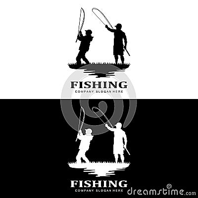 fishing logo icon vector, catch fish on the boat, outdoor sunset silhouette design Vector Illustration