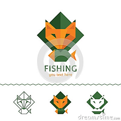 Fishing logotype. Fox holding a fish. Flat style, vector illustration. Vector Illustration